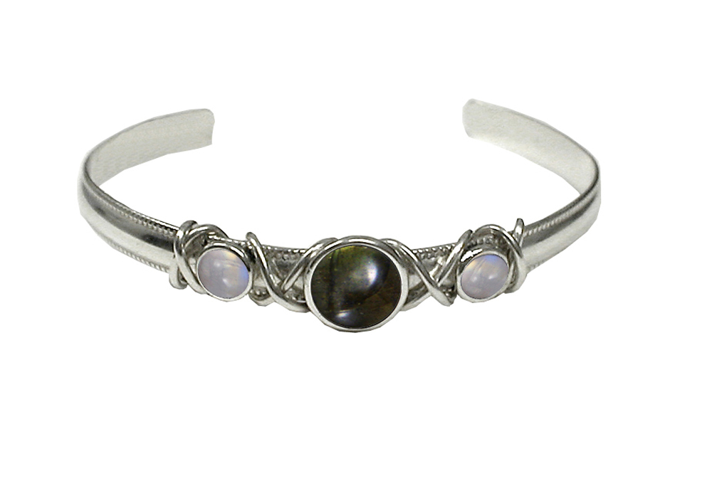 Sterling Silver Hand Made Cuff Bracelet With Spectrolite And Rainbow Moonstone